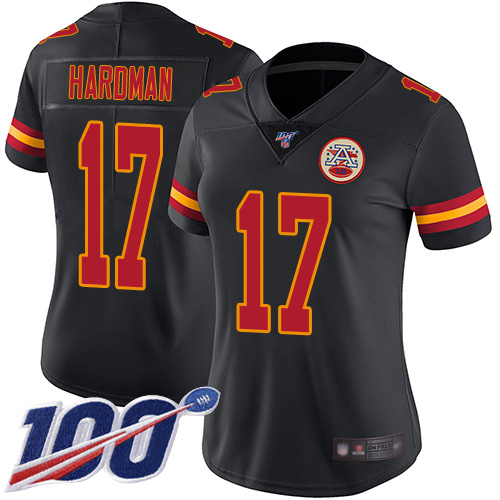 Women Kansas City Chiefs 17 Hardman Mecole Limited Black Rush Vapor Untouchable 100th Season Football Nike NFL Jersey